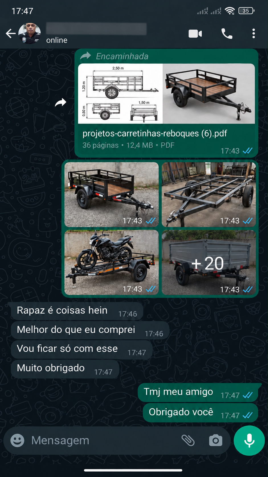 Depoimento de comprador no WhatsApp elogiando o material recebido