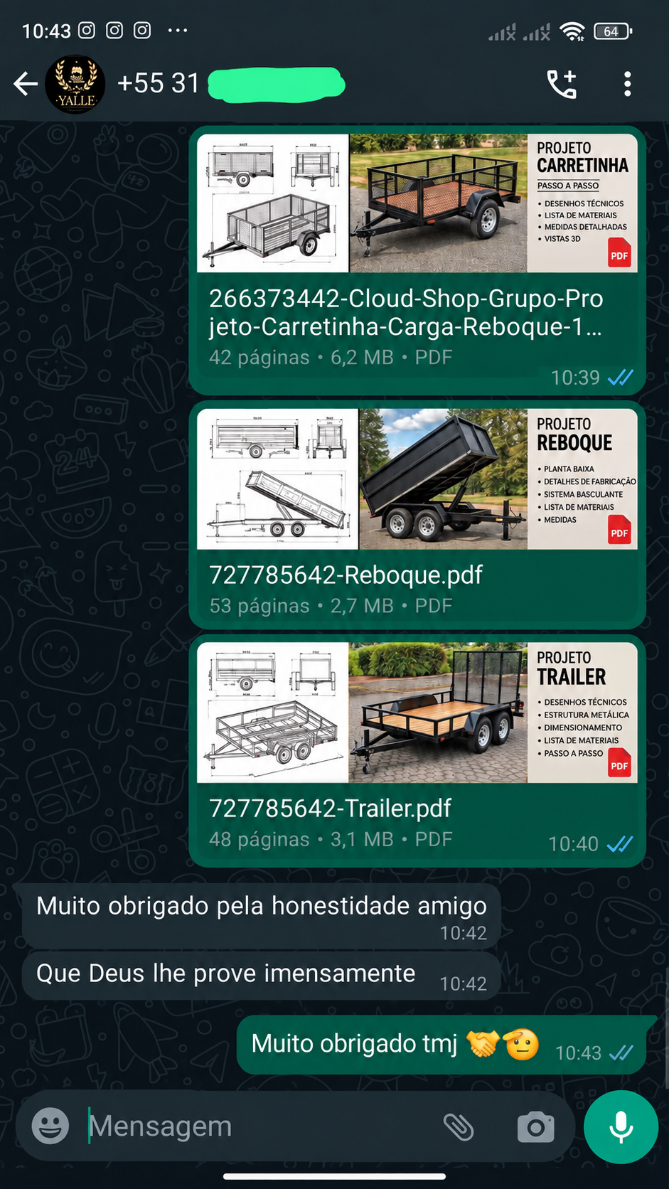Depoimento de comprador no WhatsApp agradecendo os projetos